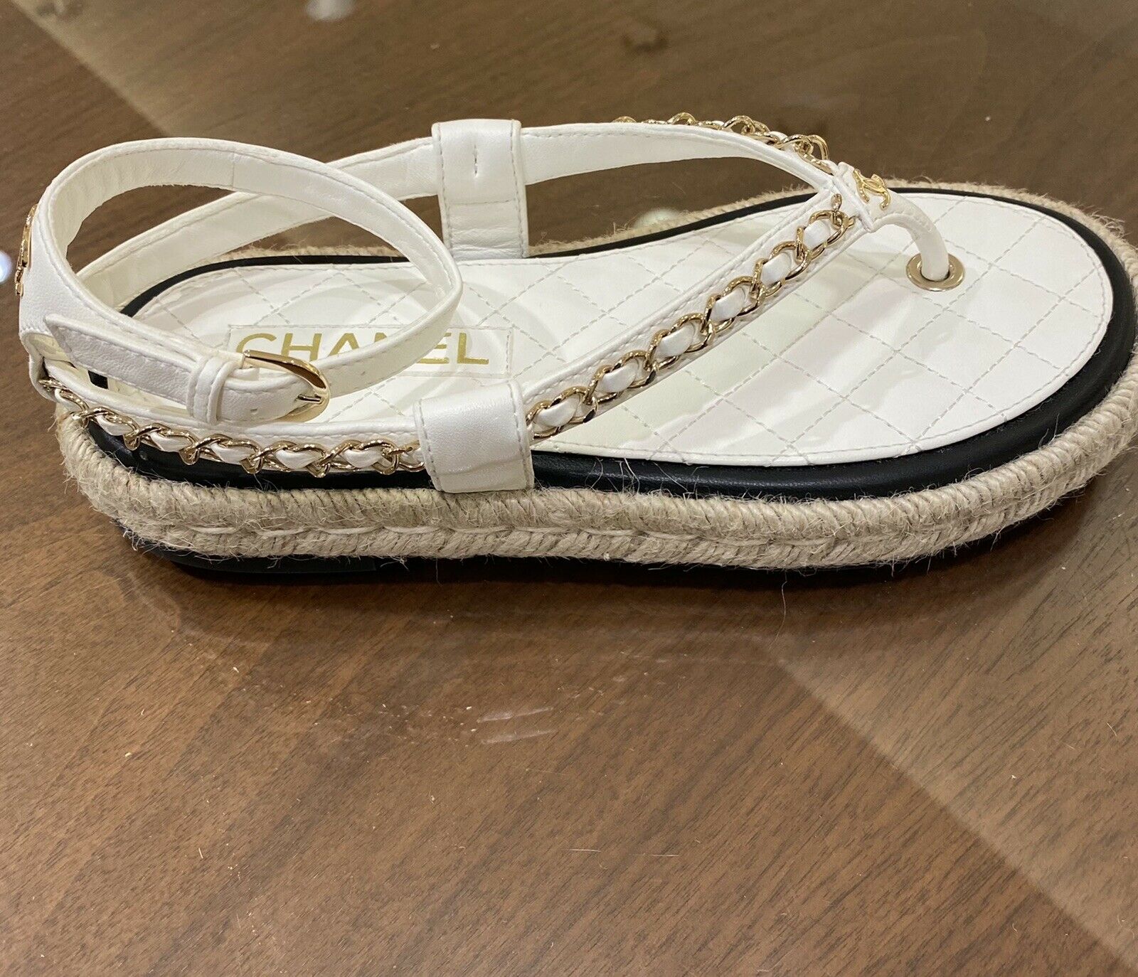 Authentic CHANEL white and gold lambskin  sandals