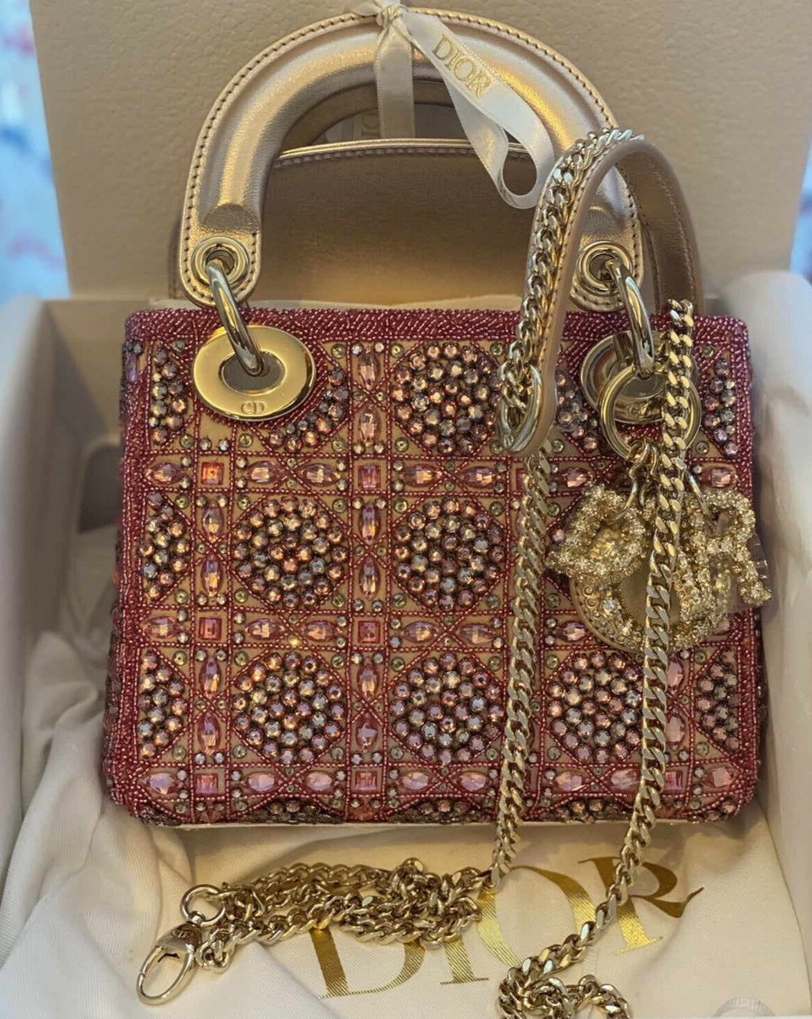 Mini Lady Dior Bag Metallic Calfskin and Satin with Rose Des Vents Resin  Pearl Embroidery