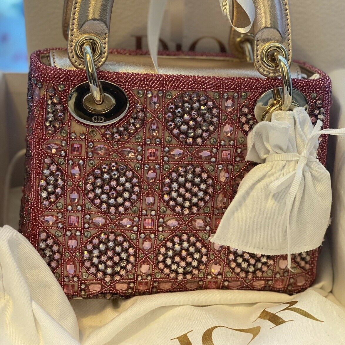 Christian Dior Rose des Vents Lady Dior Bag Embellished Metallic Calfskin  at 1stDibs
