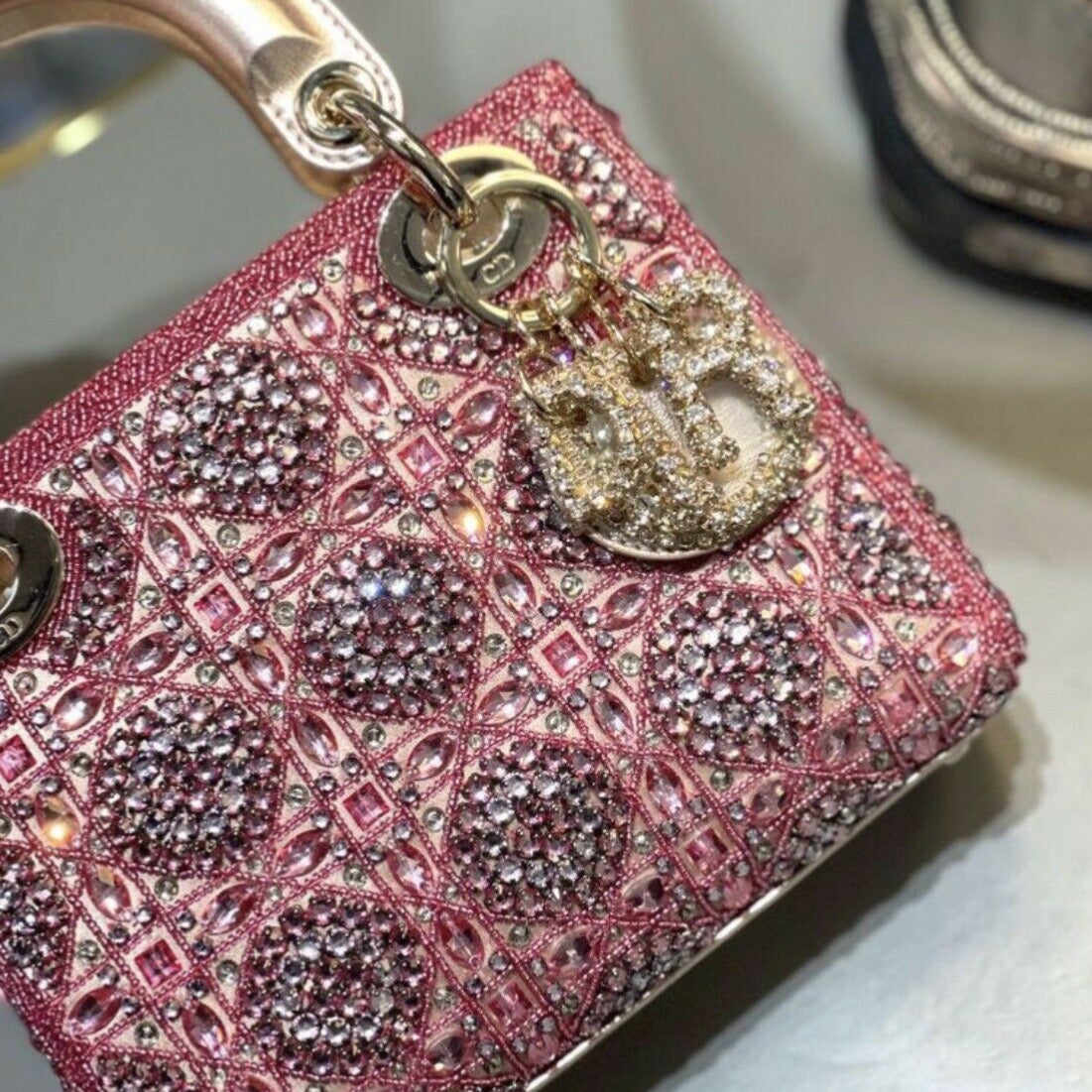 LADY DIOR MINIMetallic Calfskin and Satin with Rose Des Vents Pearl Em –  AuthenticFab