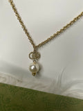 Authentic GUCCI Pearl Crystal Interlocking GG Stud Necklace Gold