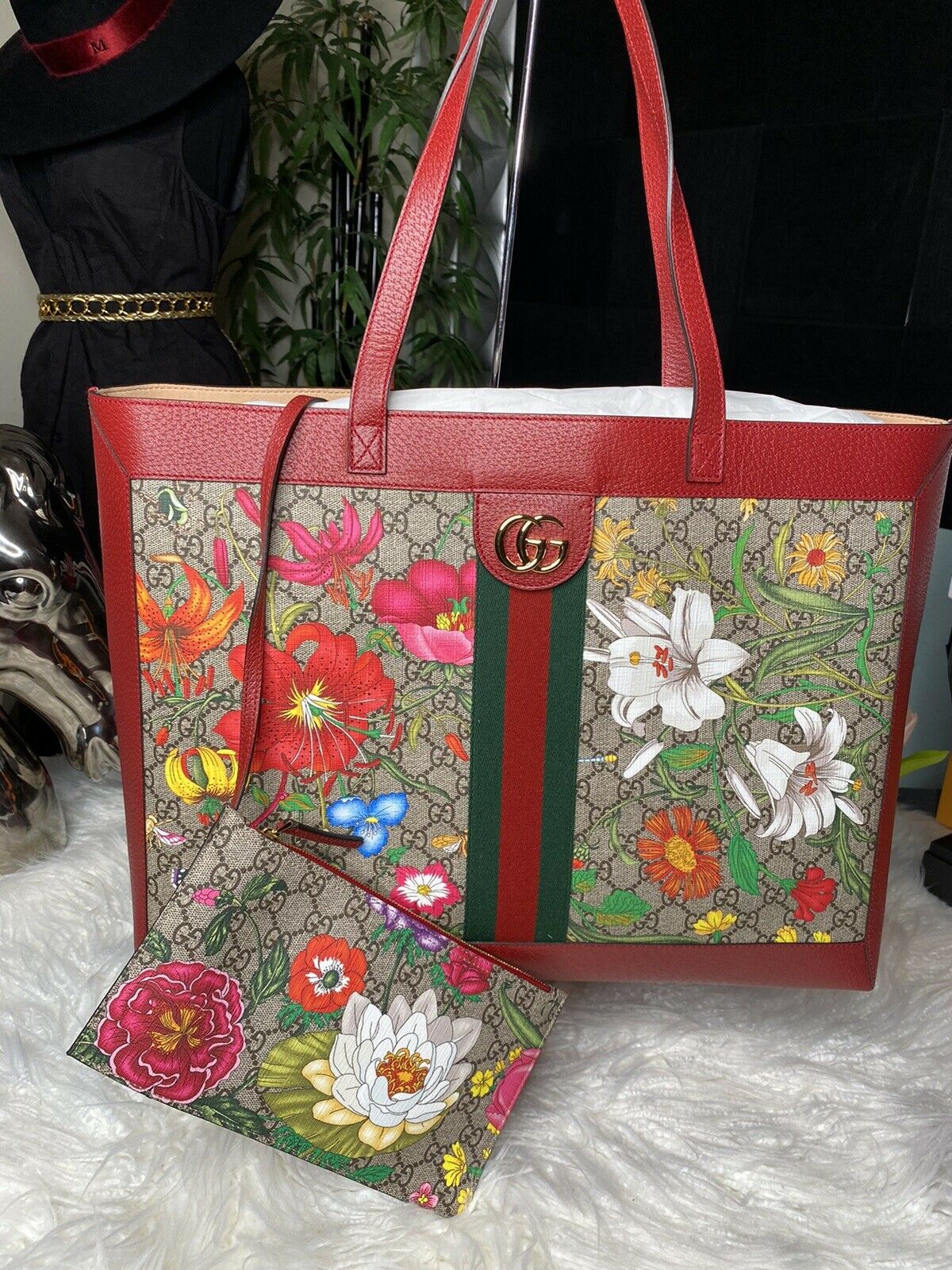 Gucci Ophidia Red Flora Leather Large Canvas Flower Tote Handbag Bag Italy New