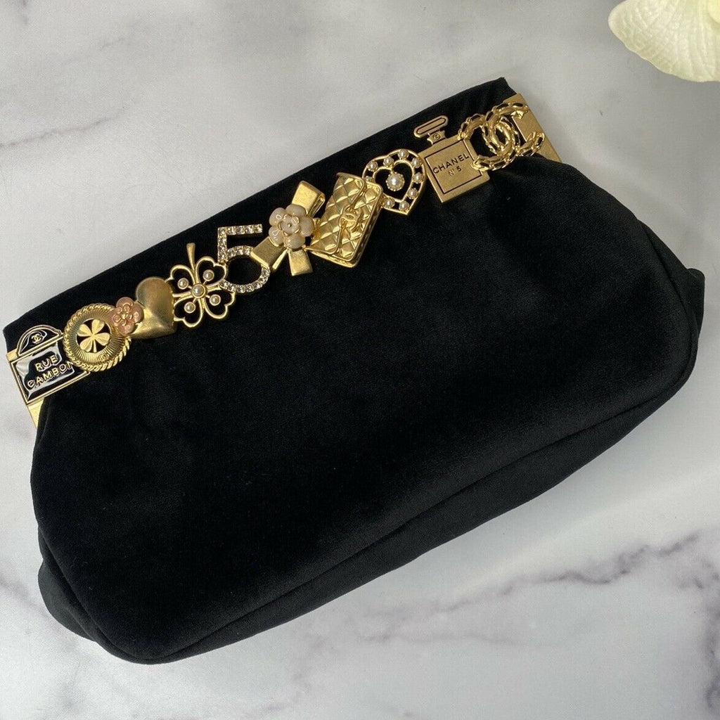 Chanel Black Velvet Embellished CC Logo Frame Clutch Bag Gold Hardware, 2020 (Very Good)