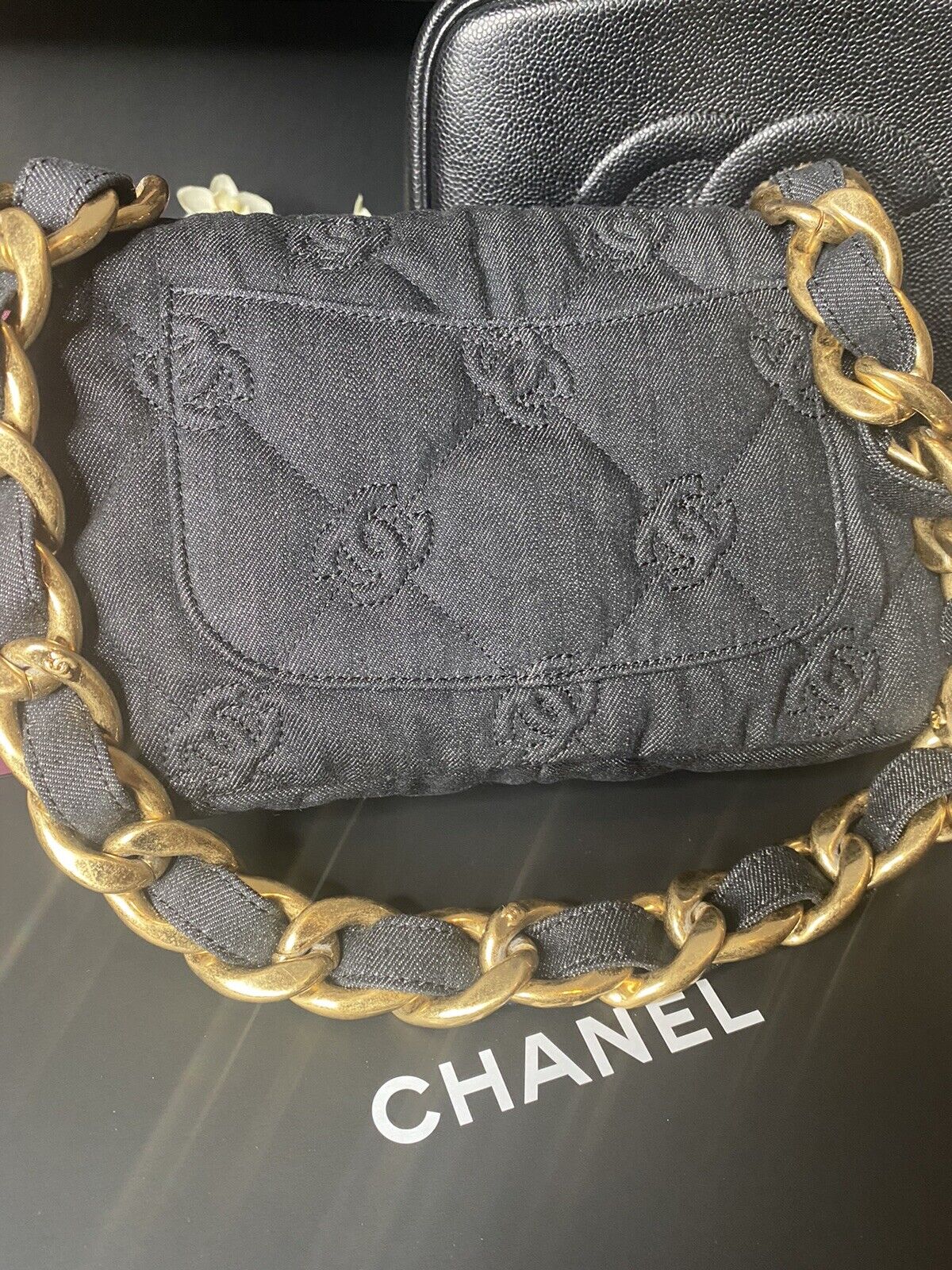 Auth BNIB Chanel Funkytown Black Denim Medium Rectangle Bag Chunky