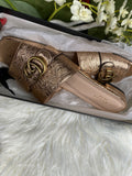NEW GUCCI PLATINO METALLIC ROSE-GOLD LEATHER DOUBLE G SLIDE SANDALS SHOES Sz 40