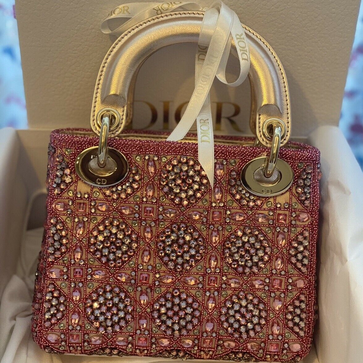 LADY DIOR MINIMetallic Calfskin and Satin with Rose Des Vents Pearl Em –  AuthenticFab