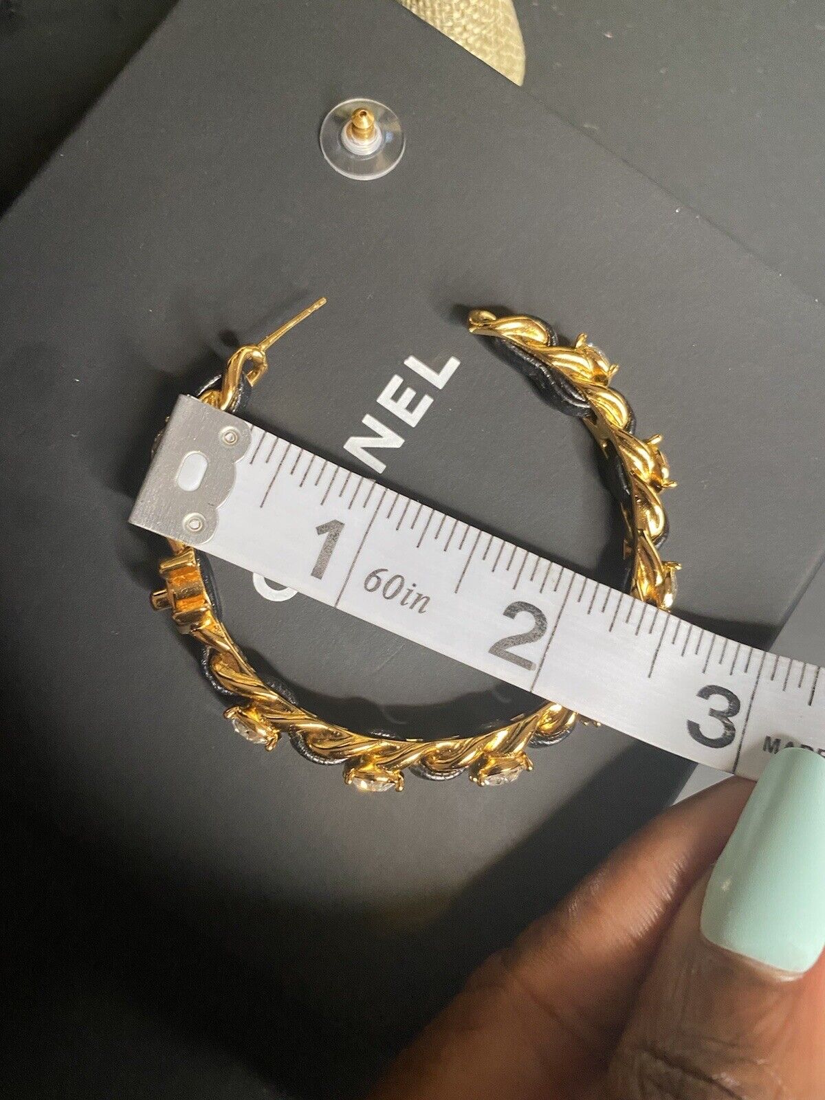 Brand New Full Set-Chanel Large Leather and Crystals Gold Plated Hoop Earrings