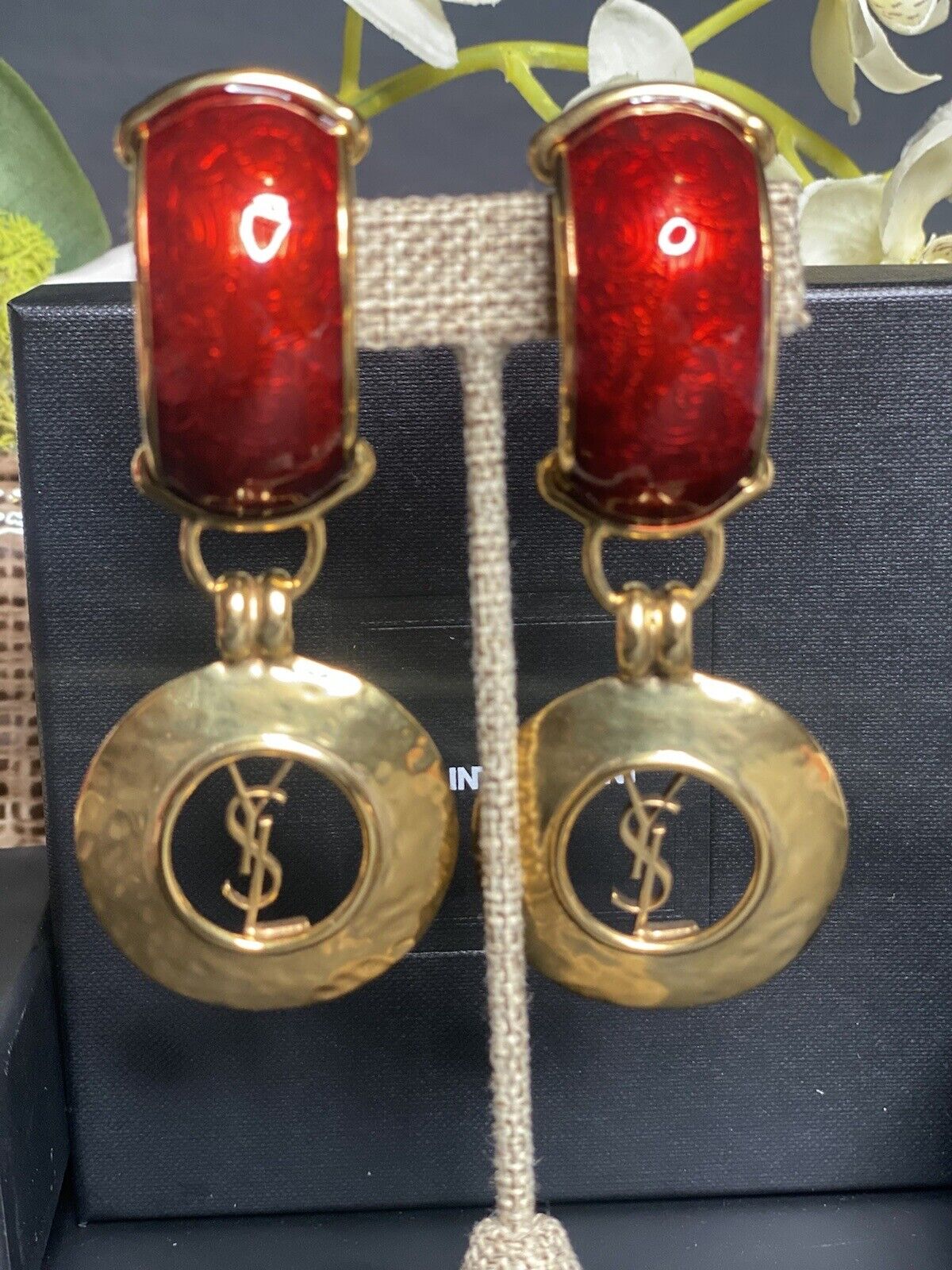 NEW YSL TWO-TONED CLIP ON GOLD PLATED RED LARGE EARRINGS