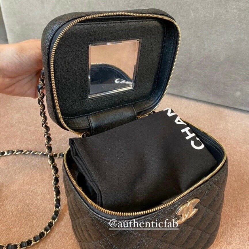 Chanel Top Handle Zip Around Vanity Case with Chain Quilted Caviar