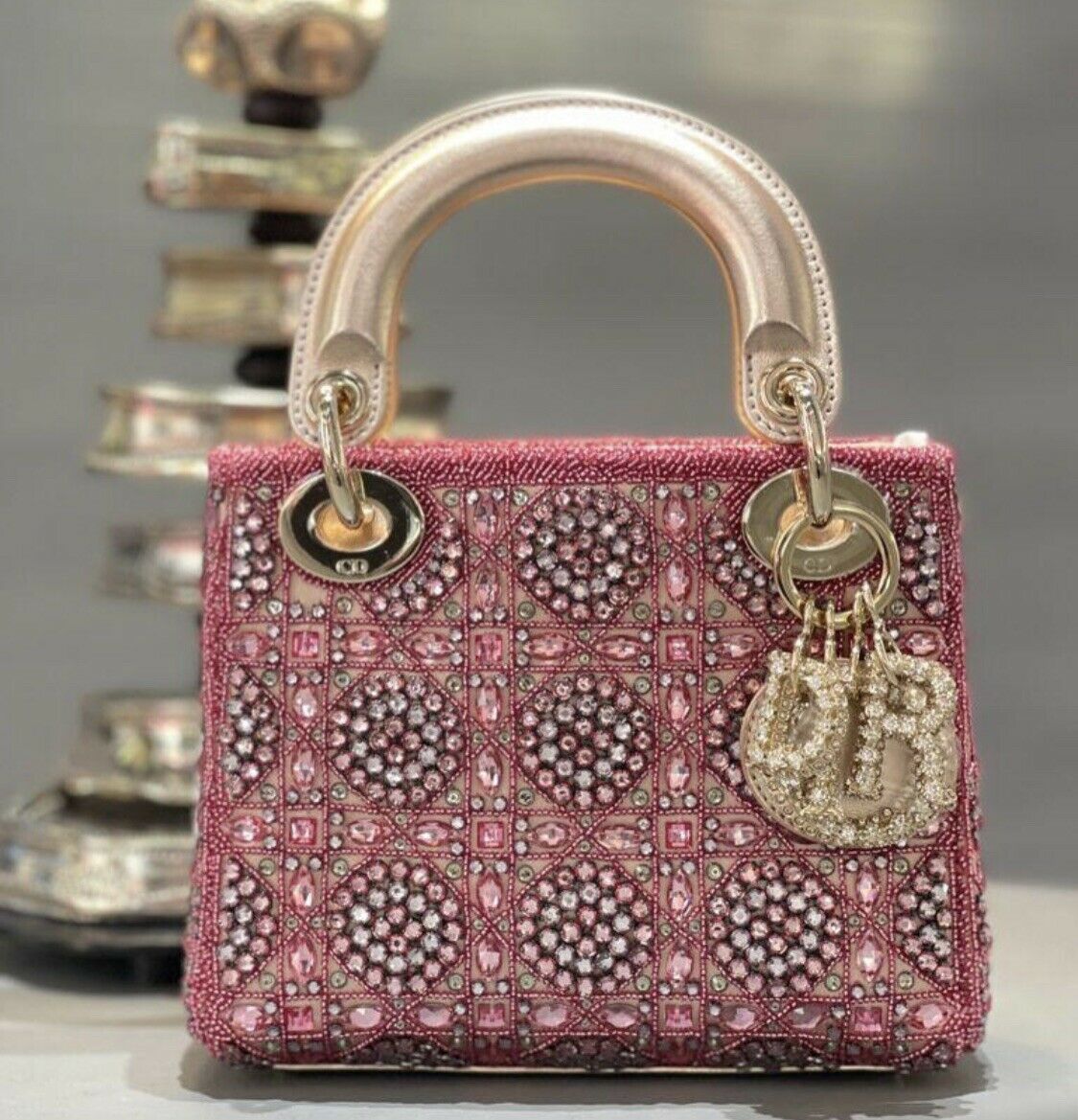 Mini Lady Dior Bag Metallic Calfskin and Satin with Rose Des Vents Resin  Pearl Embroidery, DIOR in 2023