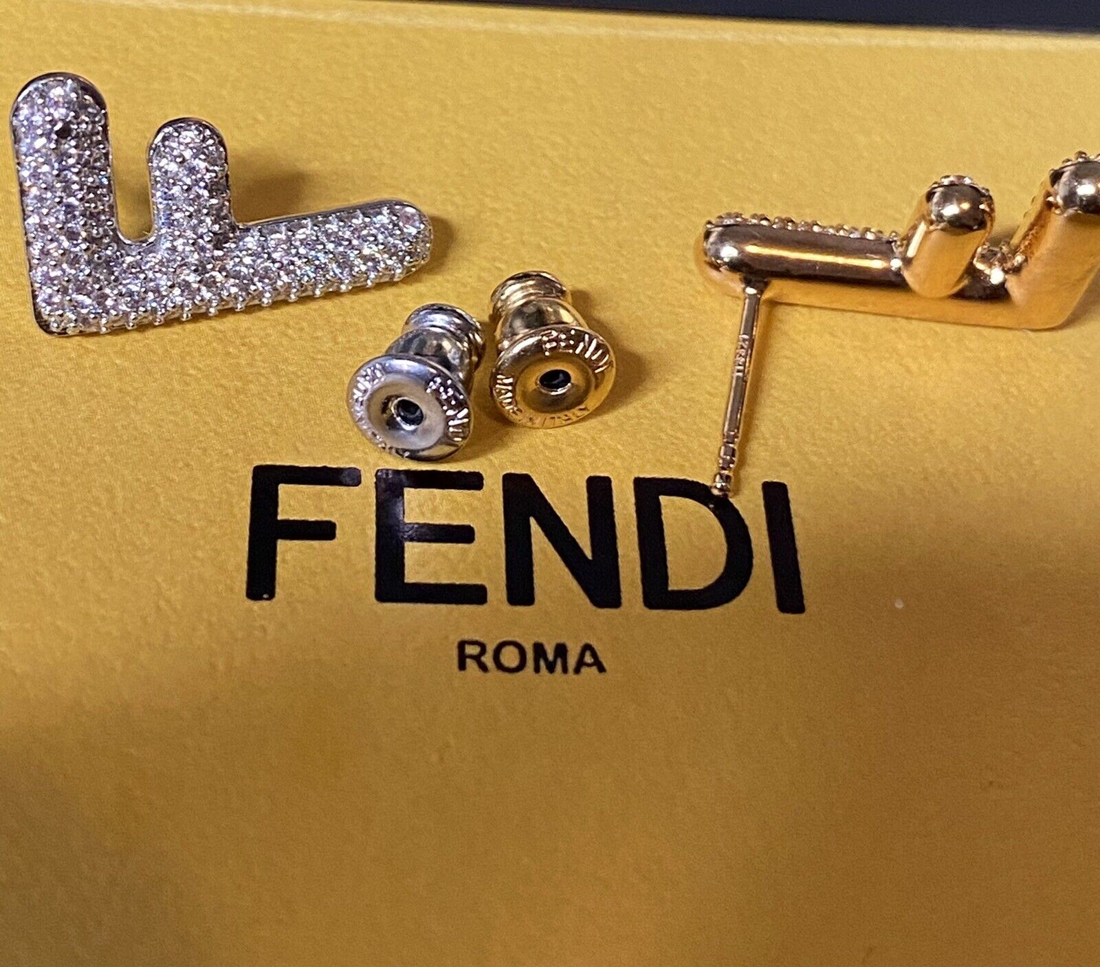 FENDI Crystal embellished F Pendant gold and silver-toned earrings  NEW