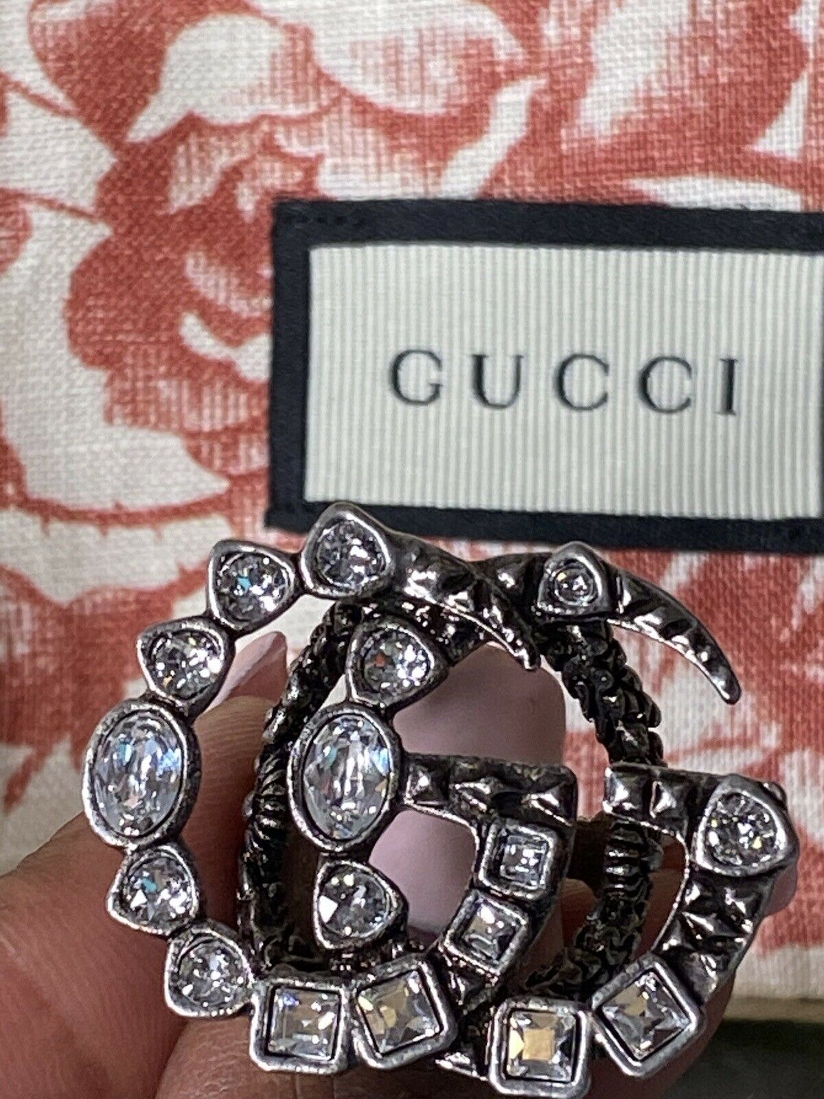 NEW & AUTHENTIC GUCCI CRYSTAL GG MARMONT SILVER RING