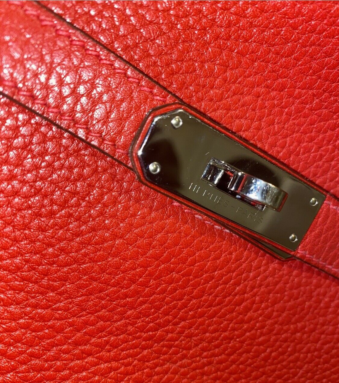 Authentic Hermès Rouge Casaque Clemence Leather Jypsiere 28 Palladium Plated Bag