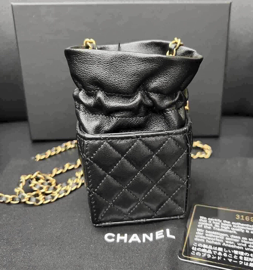 Chanel Mini Bucket Bag with Fluffy Chain Black Lambskin Gold