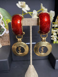 NEW YSL TWO-TONED CLIP ON GOLD PLATED RED LARGE EARRINGS