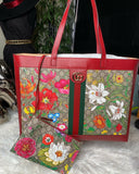 Gucci Ophidia Red Flora Leather Large Canvas Flower Tote Handbag Bag Italy New